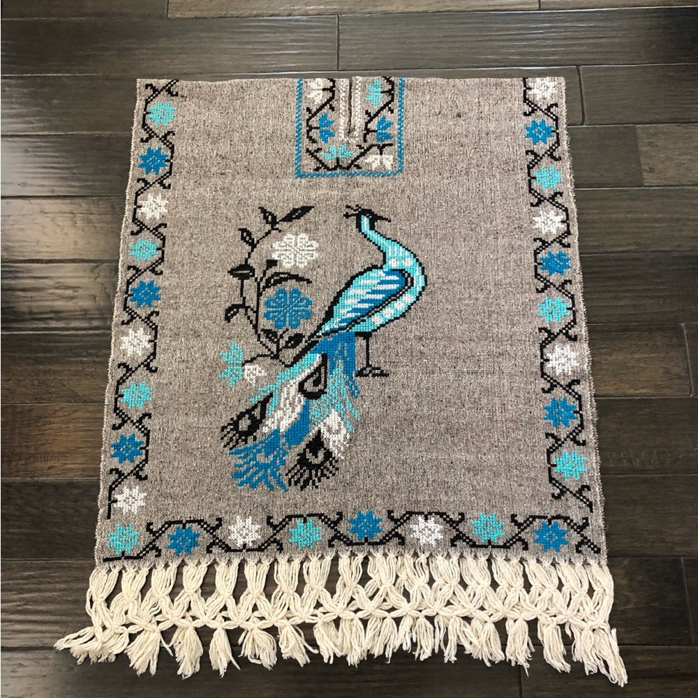 Vtg Suzani Table Runner Hand Embroidered Peacock Pictorial Wall Hanging 31”x70”